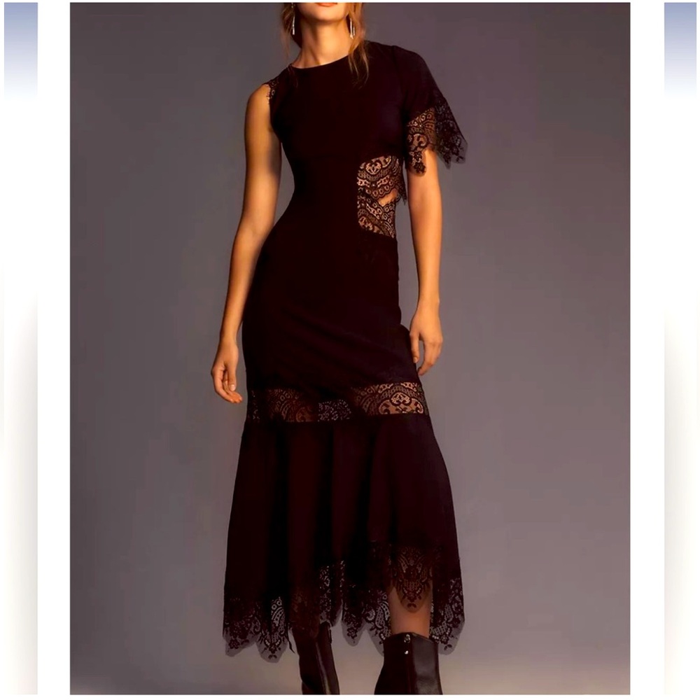 Anthropologie Hutch Asymmetrical Lace Mix Black Slip Maxi Dress NEW Size Large